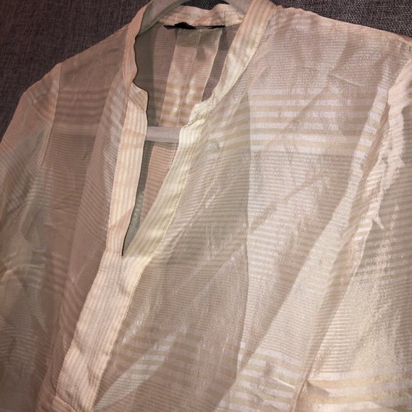 lafayette 148 silk blend semi sheer khaki cream striped tunic top P - Picture 3 of 3